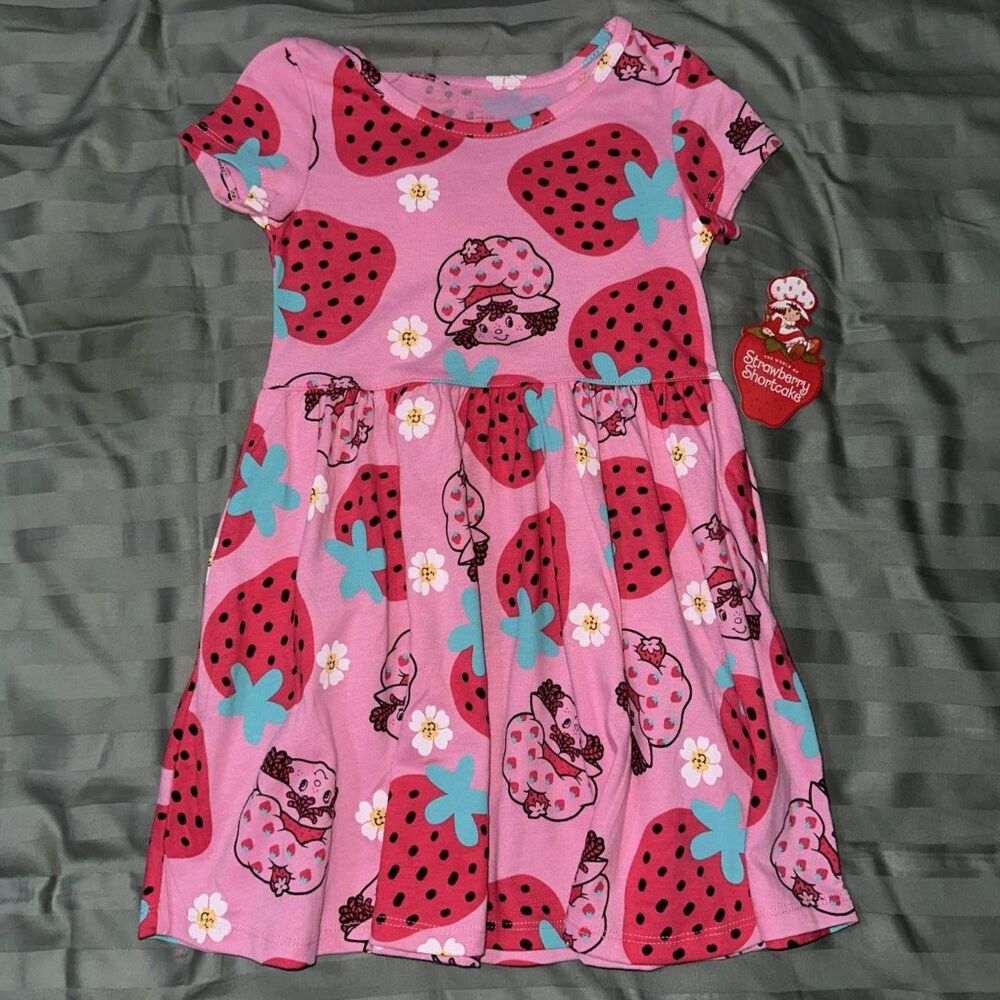 Strawberry Shortcake Girls Pink Strawberry Print Dress Short Sleeve 4T NWT
